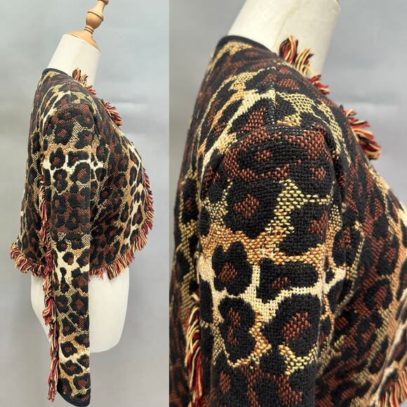 Vintage Cache Leopard Print Woven Fringe Bolero Blanket Jacket Size Small Cotton - Picture 5 of 16
